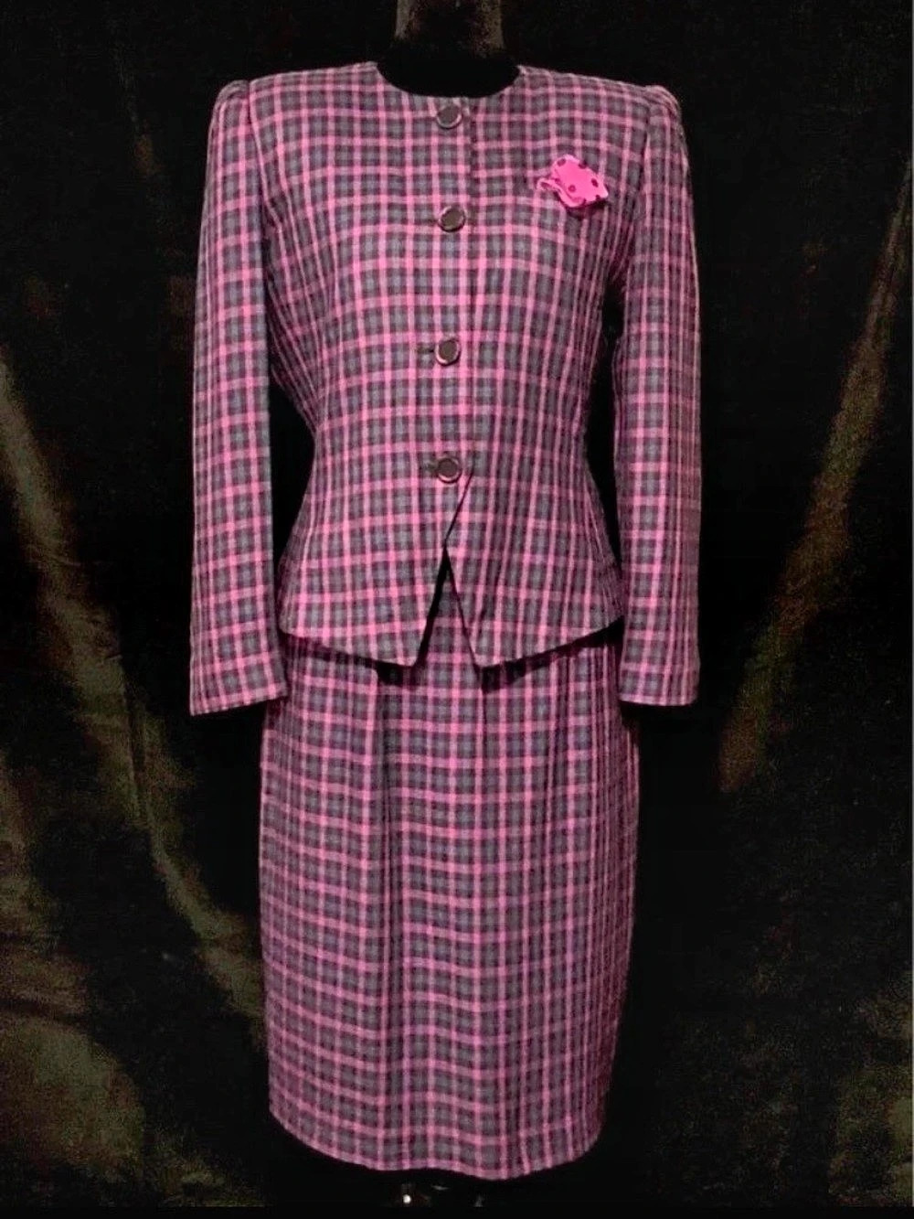 Vintage 80s First Editions Pink & Blue Plaid Skirt Suit Set Petite 4